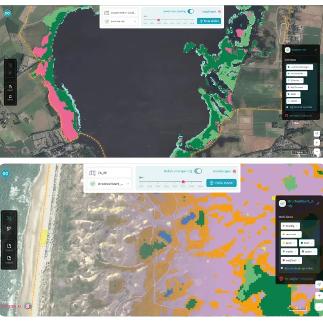 Boven: Een Carto-kaart van verschillende riettypen (waaronder landriet, waterriet en inundatieriet), in de moeilijk begaanbare oeverlanden van het Zuidlaardermeergebied. Onder: Een structuurkaart van in het Noordhollands Duinreservaat gemaakt in Carto, gebruikt om veranderingen in de tijd te vinden.
